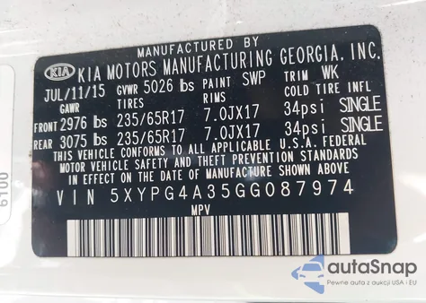 2016 Kia Sorento 2.4L Lx z USA, uszkodzony, nr VIN 5XYPG4A35GG087974